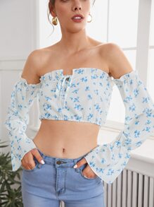 SHEIN VCAY Áo sơ mi Thắt nút Họa tiết hoa Boho - Xanh và trắng - Xem 1