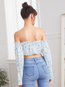 SHEIN VCAY Áo sơ mi Thắt nút Họa tiết hoa Boho - Xanh và trắng - Xem 2