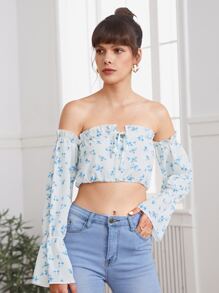 SHEIN VCAY Áo sơ mi Thắt nút Họa tiết hoa Boho - Xanh và trắng - Xem 3