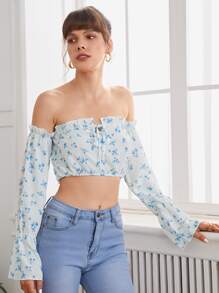 SHEIN VCAY Áo sơ mi Thắt nút Họa tiết hoa Boho - Xanh và trắng - Xem 4