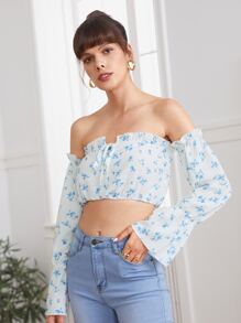 SHEIN VCAY Áo sơ mi Thắt nút Họa tiết hoa Boho - Xanh và trắng - Xem 5
