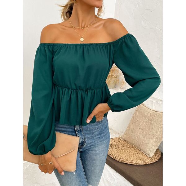 

Solid Off Shoulder Peplum Crop Blouse, Dark green