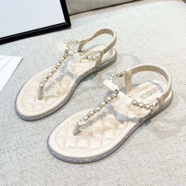 

Faux Pearl Decor Slingback Thong Sandals, Beige