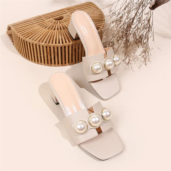 

Faux Pearl Decor Chunky Sandal Mules, Apricot