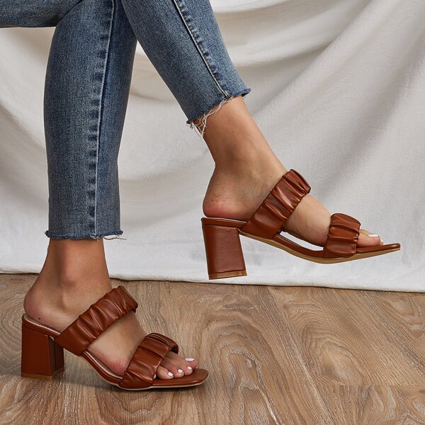 

Minimalist Ruched Design Chunky Sandal Mules, Brown