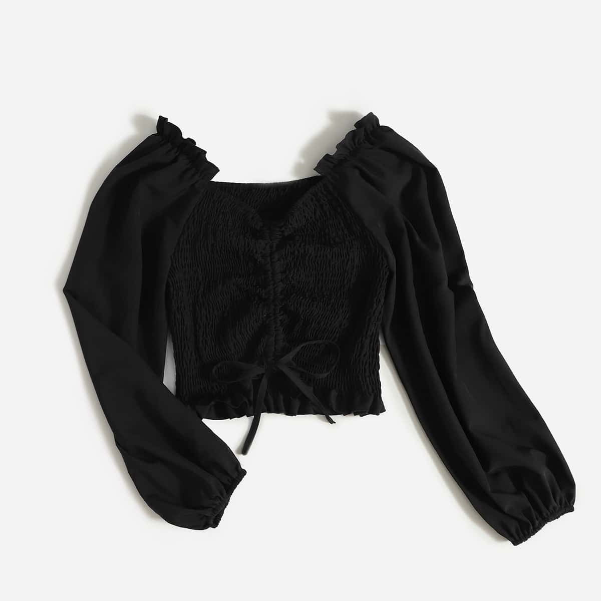 

Solid Frill Trim Lace Up Crop Top, Black