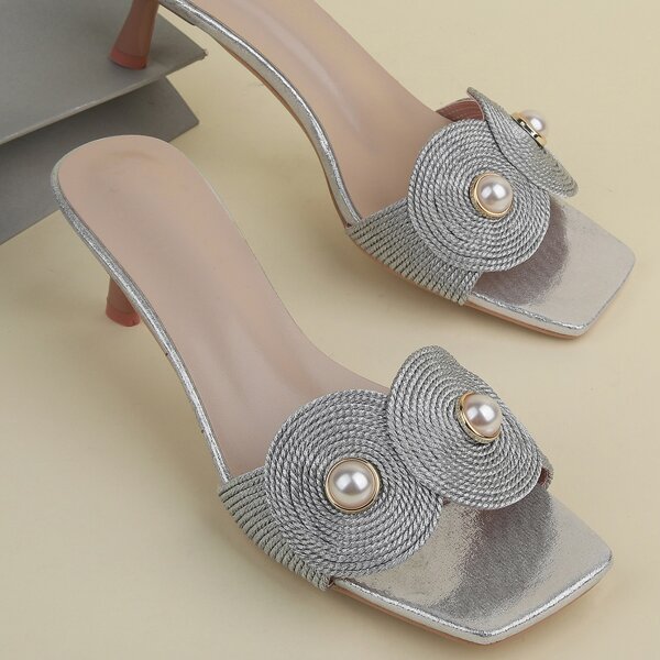 

Faux Pearl Decor Stiletto Heeled Mules, Silver