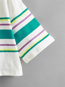 SHEIN Girls Stripe Print Drop Shoulder Tee - Multicolor - View 3