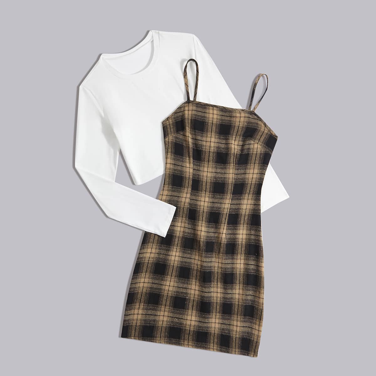 

Solid Crop Tee & Plaid Cami Dress, Multicolor