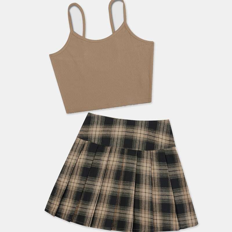 

Solid Ribbed Cami & Plaid Pleated Skirt, Multicolor