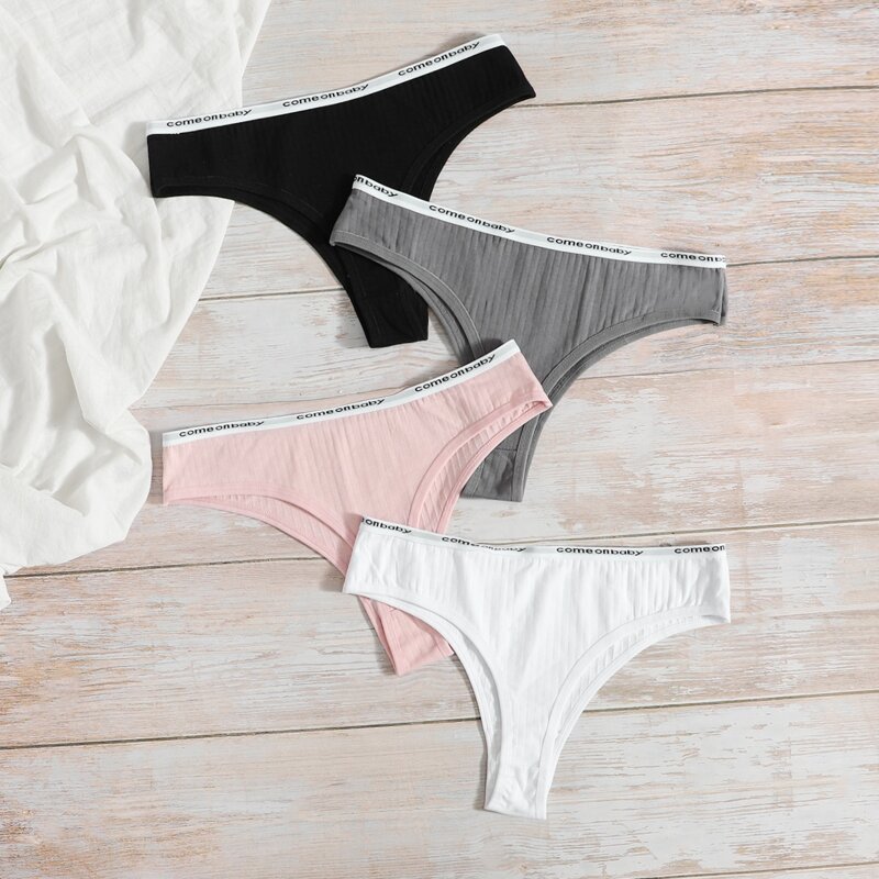 

4pack Rib Letter Tape Thong Set, Multicolor
