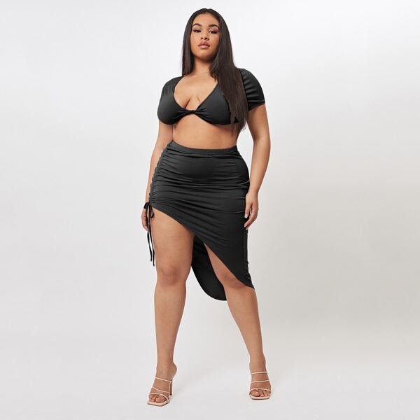 

Plus Plunging Neck Twist Crop Top With Drawstring Side Skirt, Black