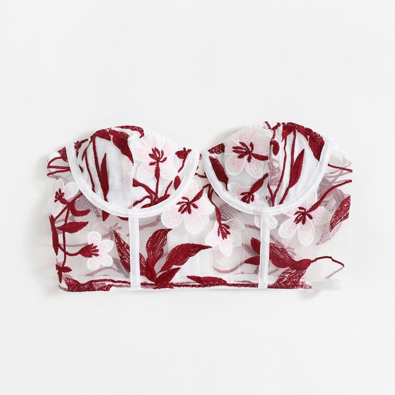 

Floral Embroidery Mesh Crop Tube Top, Red and white