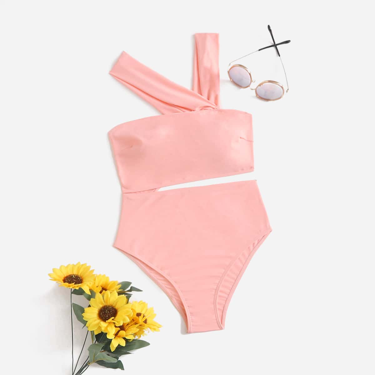 

Solid Cut Out One Piece Swimsuit, Pink