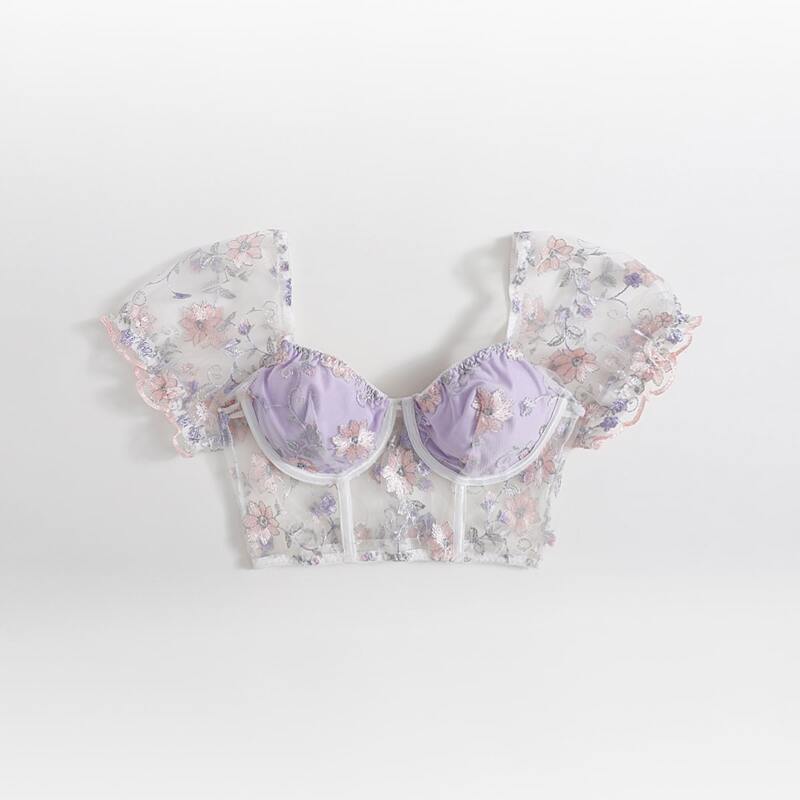 

Floral Embroidery Contrast Mesh Crop Top, Multicolor