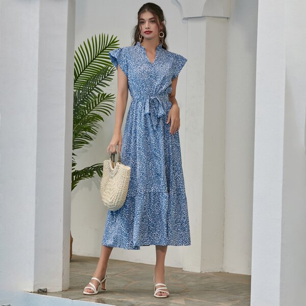 

Allover Print Ruffle Hem Dress With Belt, Blue