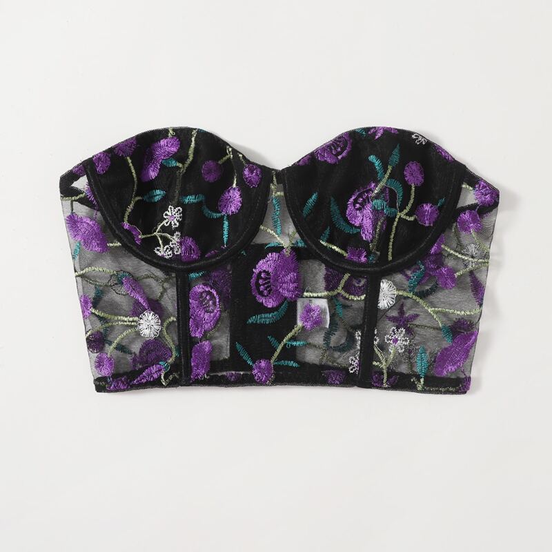 

Floral Embroidery Mesh Crop Tube Top, Multicolor