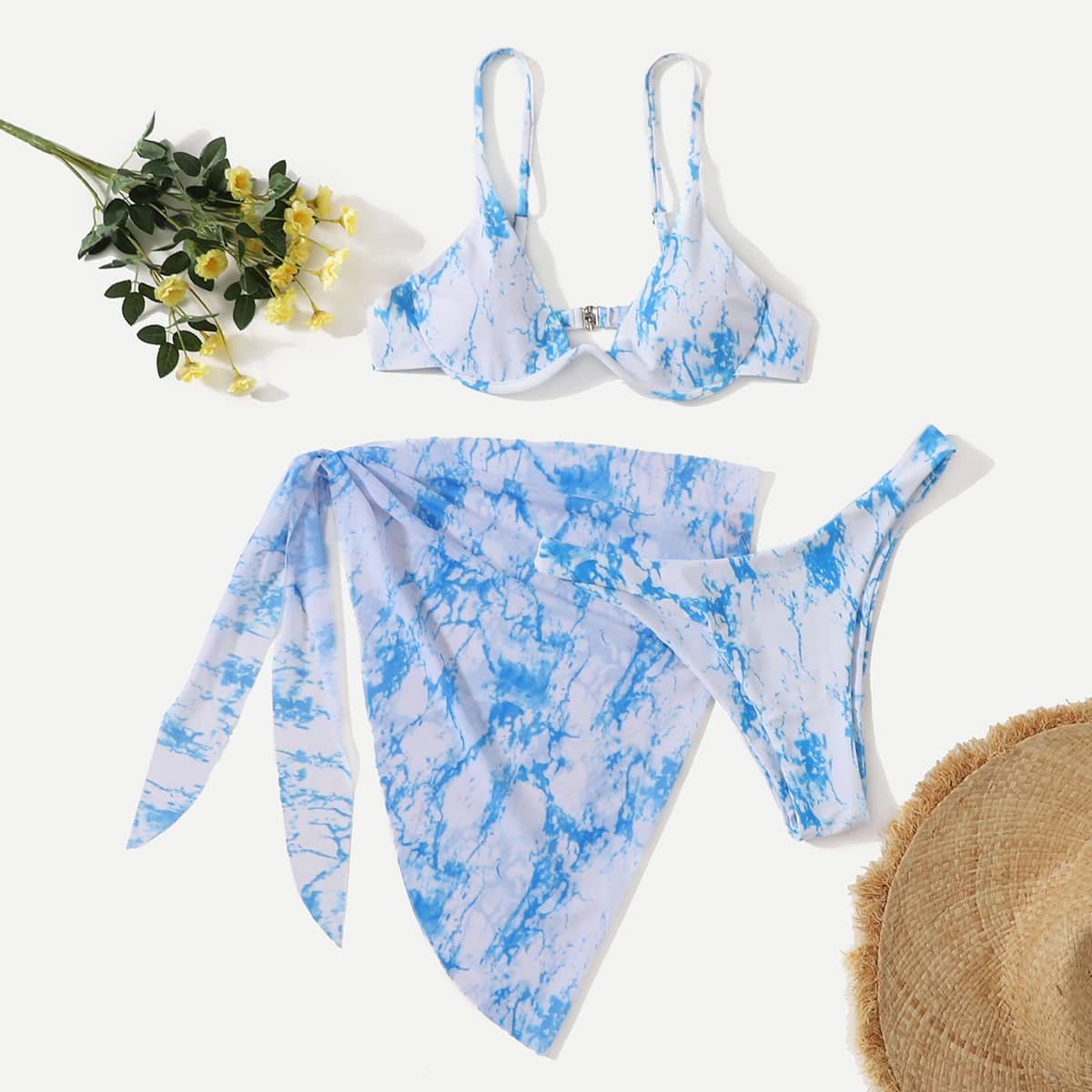 

3pack Marble Bikini Swimsuit With Beach Skirt, Blue