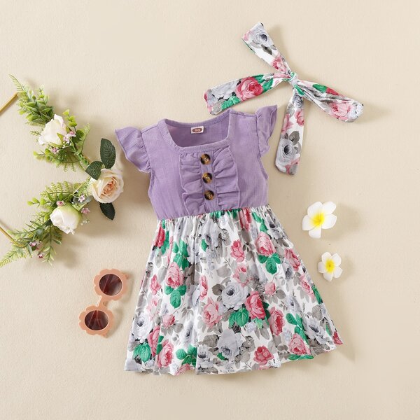 

Baby Girl Floral Combo Dress With Headband, Multicolor