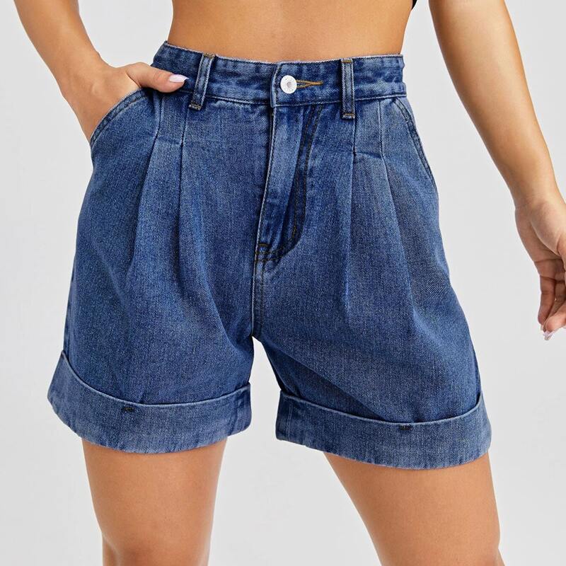

Slant Pocket Rolled Hem Denim Shorts, Dark wash
