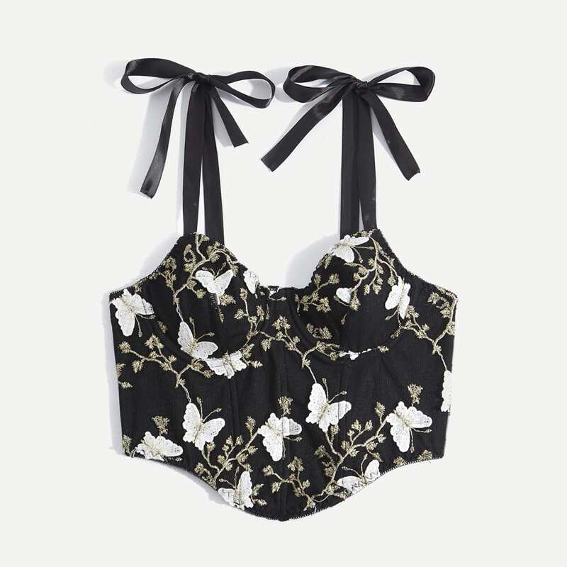 

Floral Embroidery Tie Shoulder Cami, Black