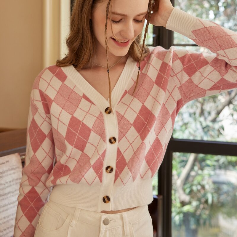 

Argyle Pattern Button Front V-Neck Cardigan, Multicolor