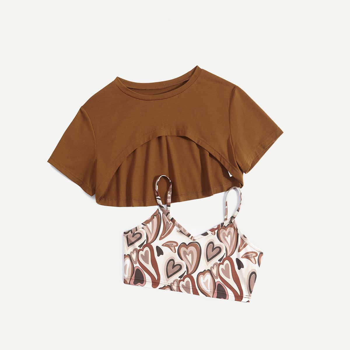 

Solid Crop Top & Heart Print Cami Top, Multicolor