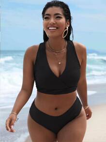SHEIN Swim Curve Plus Size Solid V Neck High Waisted Bikini Set Summer Beach - Black - View 1