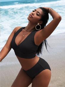 SHEIN Swim Curve Plus Size Solid V Neck High Waisted Bikini Set Summer Beach - Black - View 4