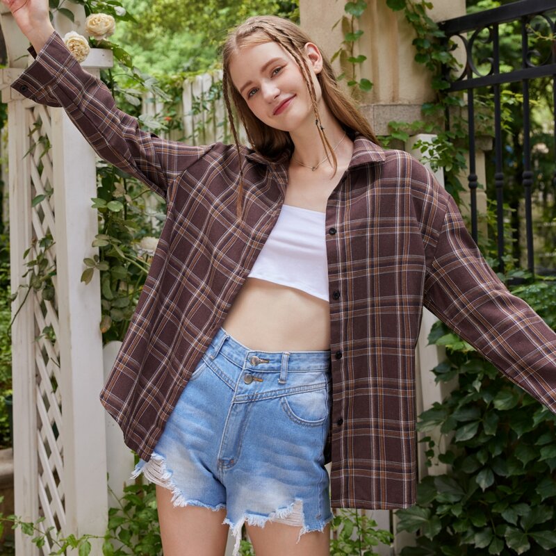 

Plaid Button Front Blouse, Coffee brown