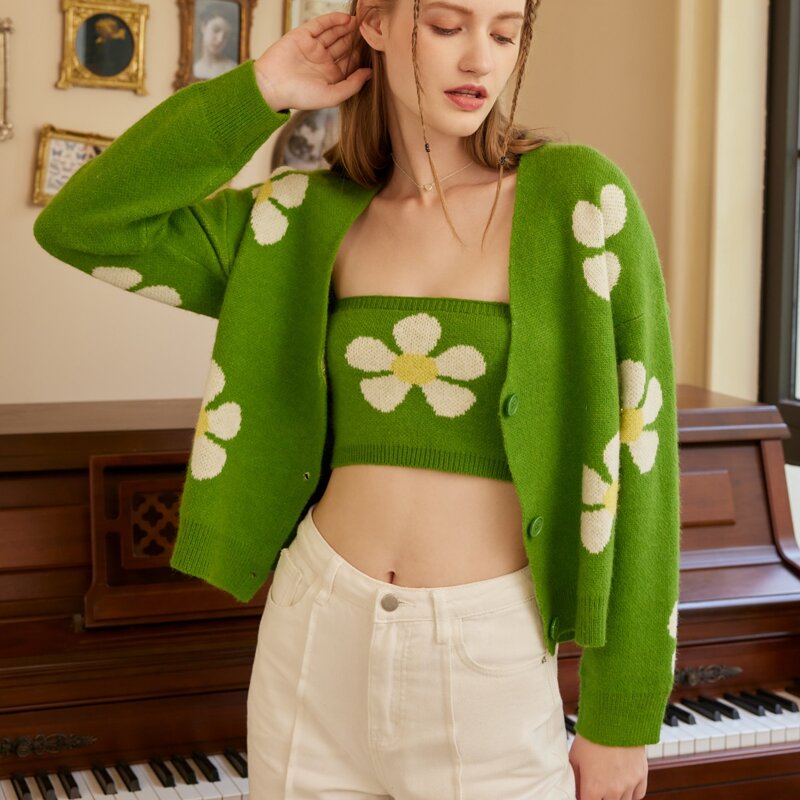 

Floral Pattern Cardigan & Tube Top, Green