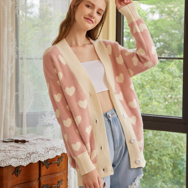 

Heart Pattern Button Front Cardigan, Multicolor