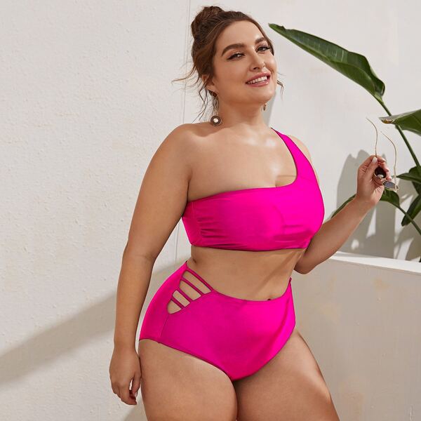 

Plus Solid cut-out Detail One Shoulder Bikini Swimsuit, Hot pink