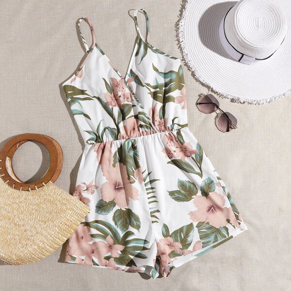 

Plus Floral & Tropical Print Cami Romper, White