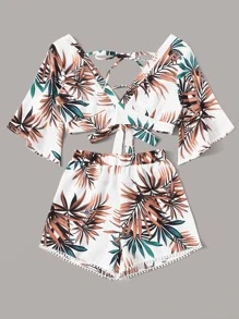 Tropical Plunging Crop Top & Pompom Shorts