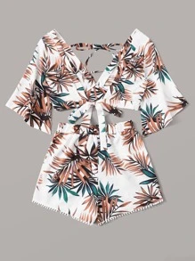 Tropical Plunging Crop Top & Pompom Shorts