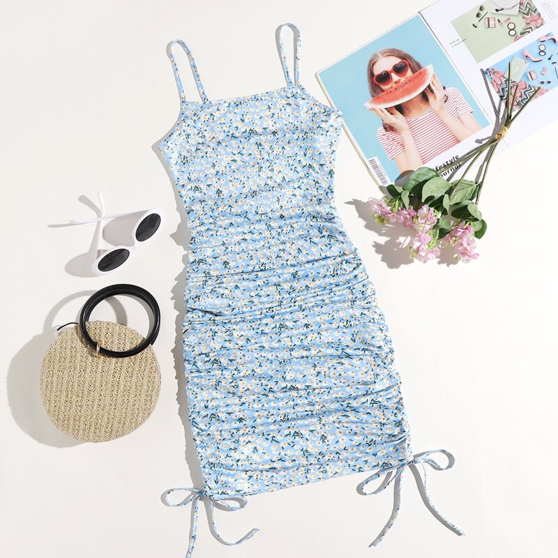 

Ditsy Floral Drawstring Ruched Dress, Baby blue