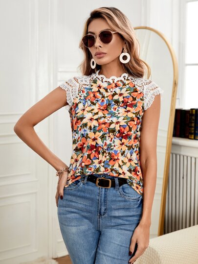SHEIN Frenchy Floral Print Contrast Guipure Lace Top Summer Flower Elegant