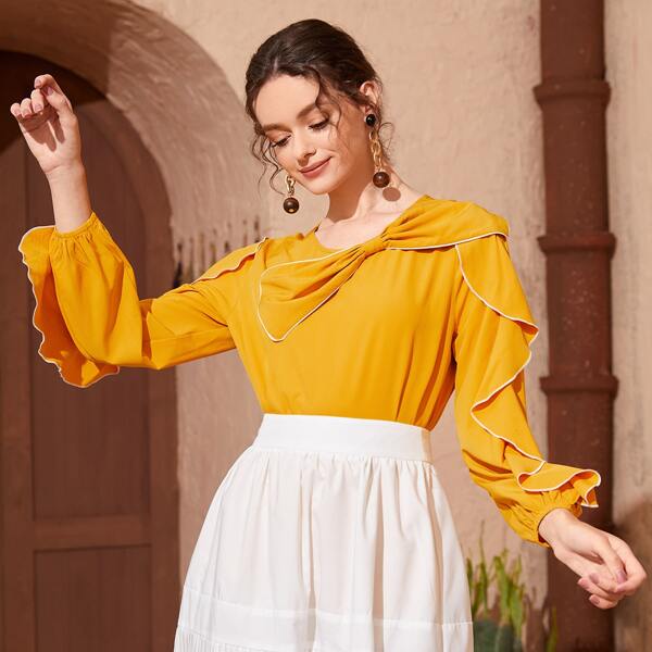 

Bow Neck Ruffle Trim Blouse, Mustard yellow