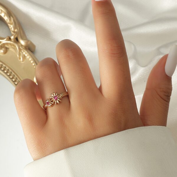 

18K Gold Plated Zircon Flower Decor Cuff Ring, Hot pink
