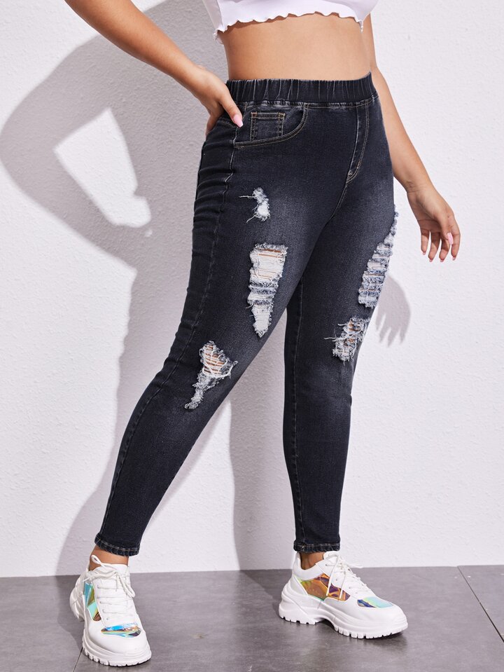 SHEIN プラス ベルトなし 穴あきスキニージーンズ SHEIN EZwear 穴あきスキニージーンズ | SHEIN JAPAN
