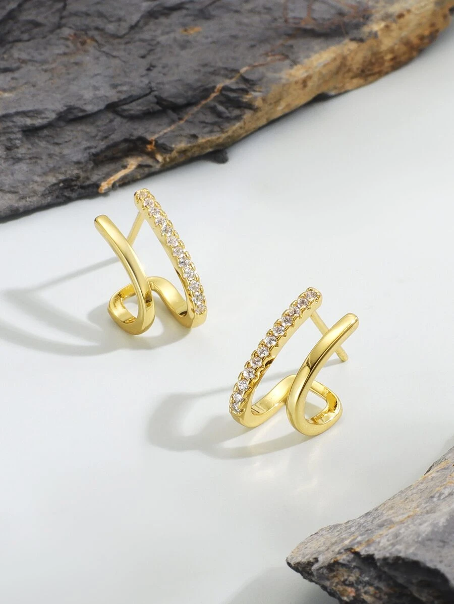 Cubic Zirconia Decor Stud Earrings - Yellow Gold - View 1