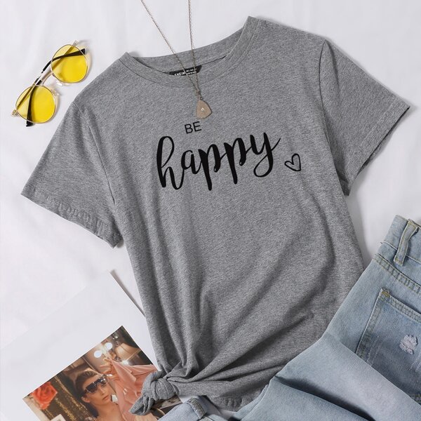 

Slogan And Heart Print Tee, Grey