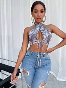 SHEIN SXY Paisley Print Cross Halter Top - Multicolor - View 5