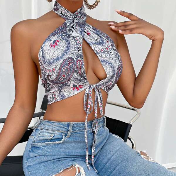 

Paisley Print Cross Halter Top, Multicolor