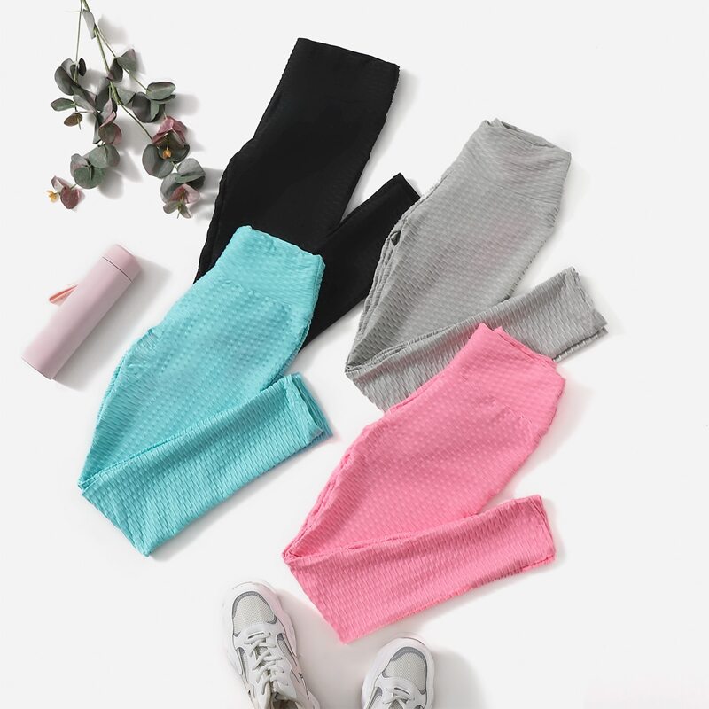 

4pcs Solid Wide Band High Waist Sports Leggings, Multicolor