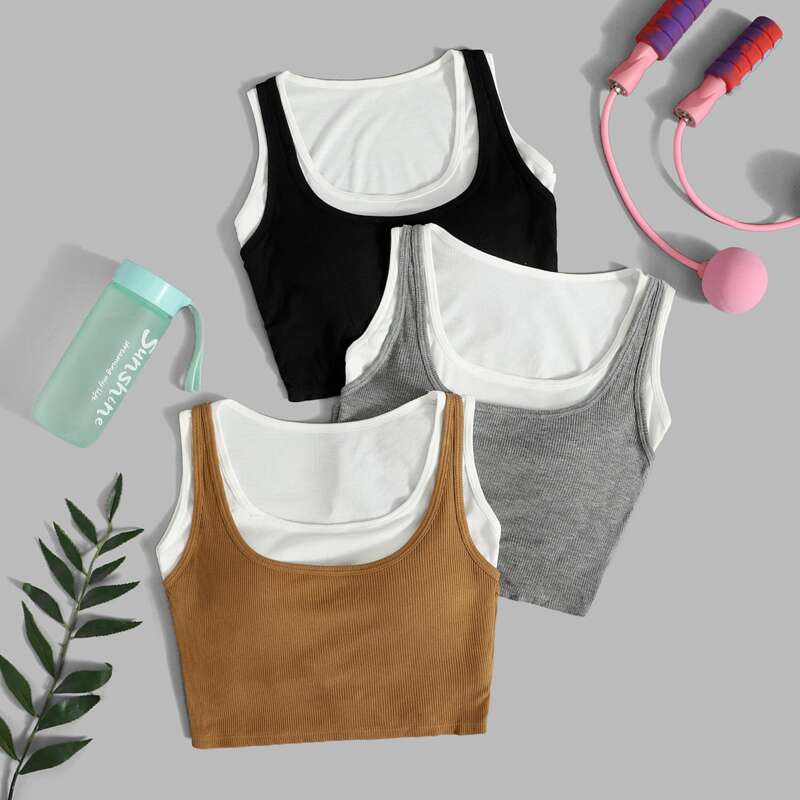 

3pcs Rib-knit Combo Sports Bra, Multicolor