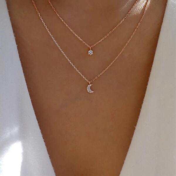 

Rhinestone Moon Charm Layered Necklace, Rose gold