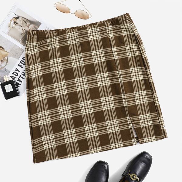 

Plus Tartan Split Hem Skirt, Multicolor