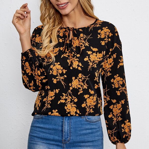 

Floral Print Tie Neck Blouse, Multicolor